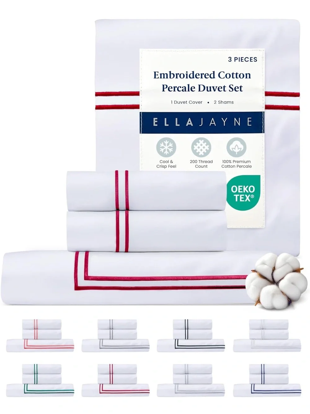 NEW Ella Jayne Duvet Cover Queen 100% Cotton Percale Set. Red Design 3 Pcs